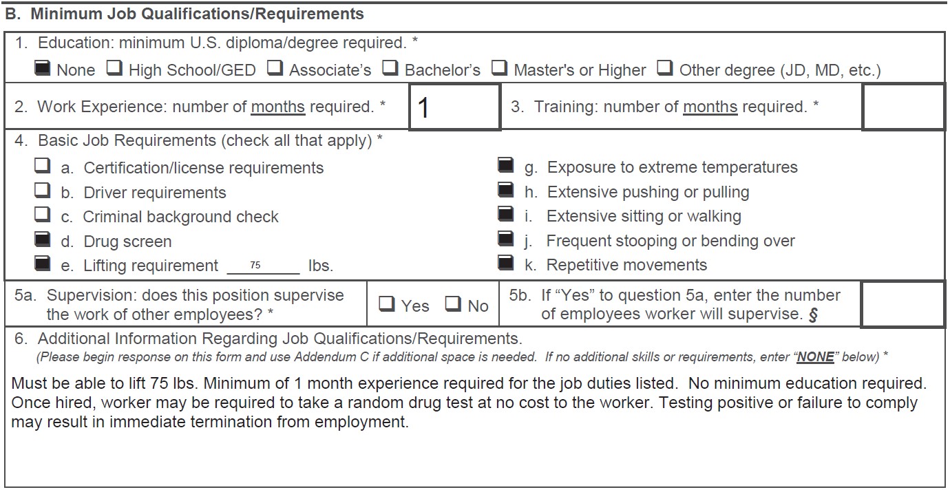 FLC job requirements example