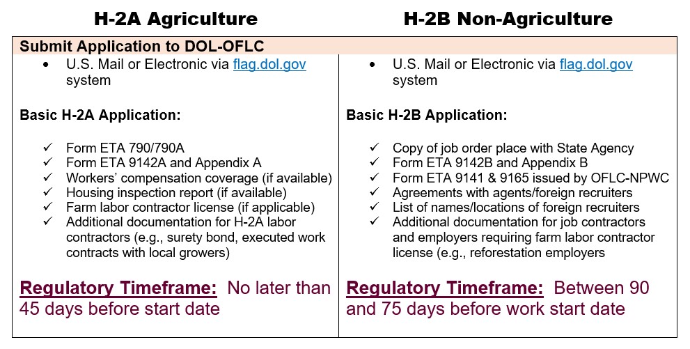 H-2A and H-2B application filing requirements comparison graphic